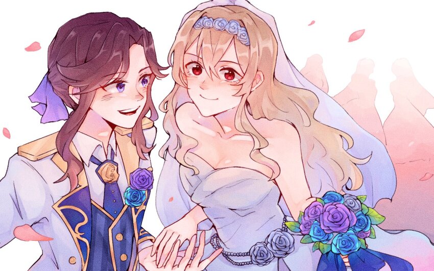 2girls :d arm_out_of_frame bare_shoulders blonde_hair blue_flower blue_necktie blue_ribbon blue_rose blue_vest blush bouquet boutonniere bridal_veil bride brown_hair buttons closed_mouth collarbone commentary_request corsage crying crying_with_eyes_open dress dress_shirt epaulettes falling_petals female_focus flower flower_hairband flower_on_chest flower_ornament formal_clothes gold_trim grey_flower grey_rose hair_between_eyes hair_ribbon happy_tears holding holding_bouquet holding_hands leaning_forward long_hair long_sidelocks long_sleeves looking_at_another multiple_girls necktie nose_blush official_alternate_costume open_mouth parted_bangs people petals purple_eyes purple_flower purple_ribbon purple_rose red_eyes ribbon rose saijou_claudine shirt short_hair shoujo_kageki_revue_starlight sidelocks smile strapless strapless_dress suit tears tendou_maya tuxedo upper_body veil very_long_hair vest waistcoat wedding_dress white_background white_dress white_shirt white_suit wife_and_wife yellow_flower yiyuec yuri