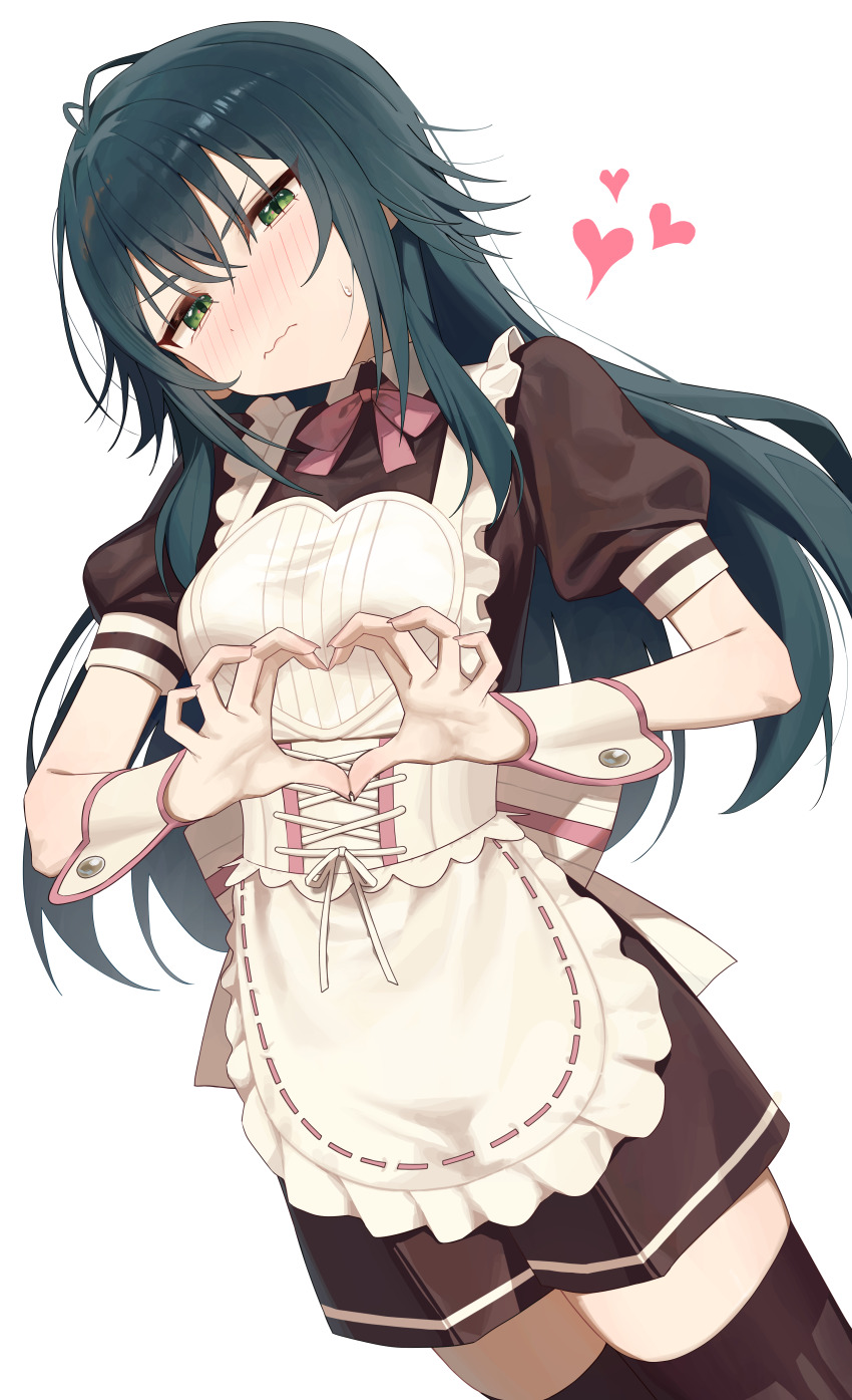 absurdres alternate_costume apron bad_source blush brown_shirt brown_shorts brown_thighhighs enmaided frilled_apron frills gakuen_idolmaster green_eyes green_hair hair_flaps heart heart_hands highres idolmaster long_hair looking_at_viewer maid shirt shorts simple_background syhan thighhighs tsukimura_temari very_long_hair white_apron white_background