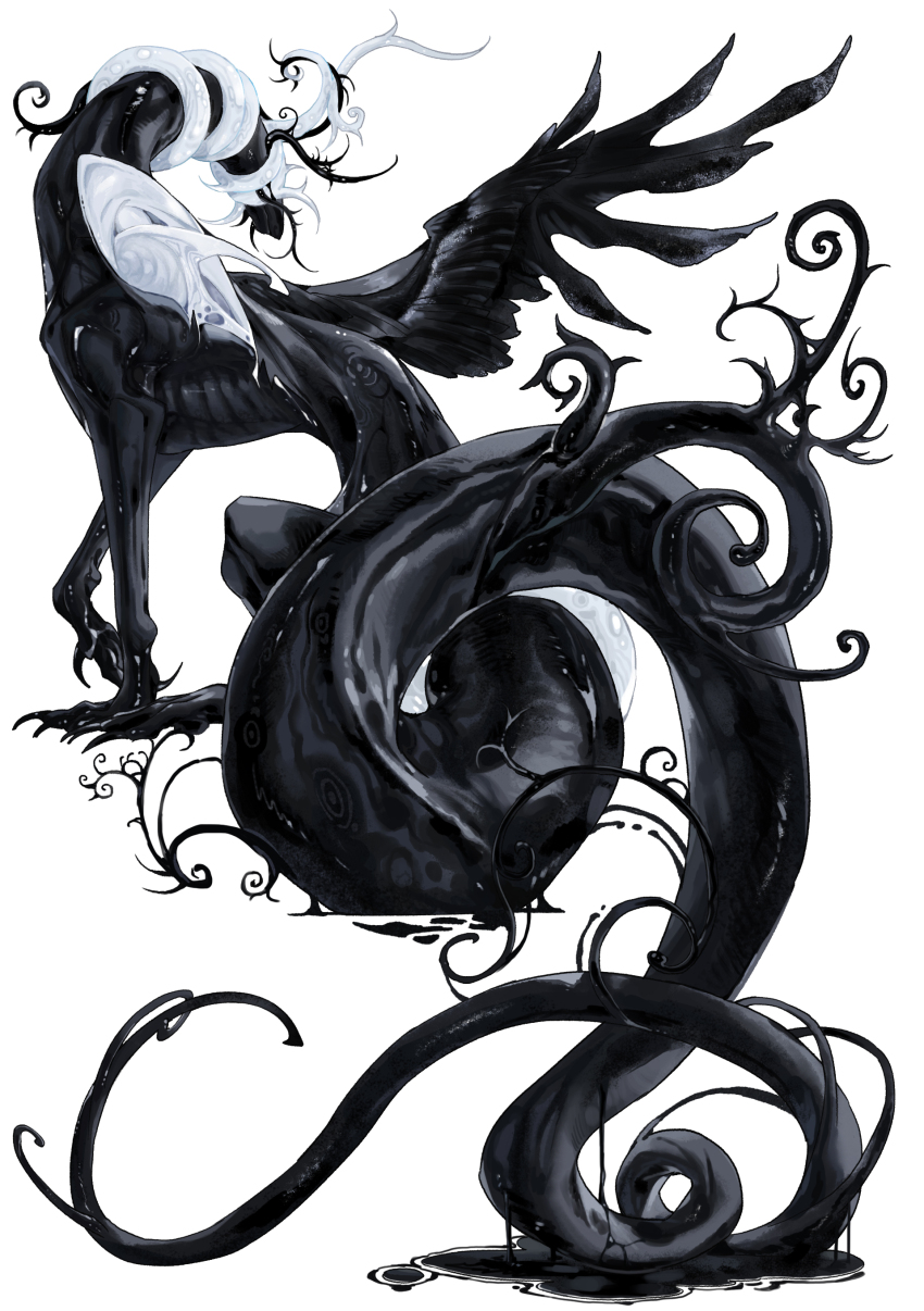 absurdres black_liquid black_scales black_wings branch claws colored_skin deepsea9013 eldritch_abomination feathered_wings from_behind highres long_tail monster monster_focus multicolored_skin no_humans original simple_background solo tail tendril two-tone_skin white_background wings
