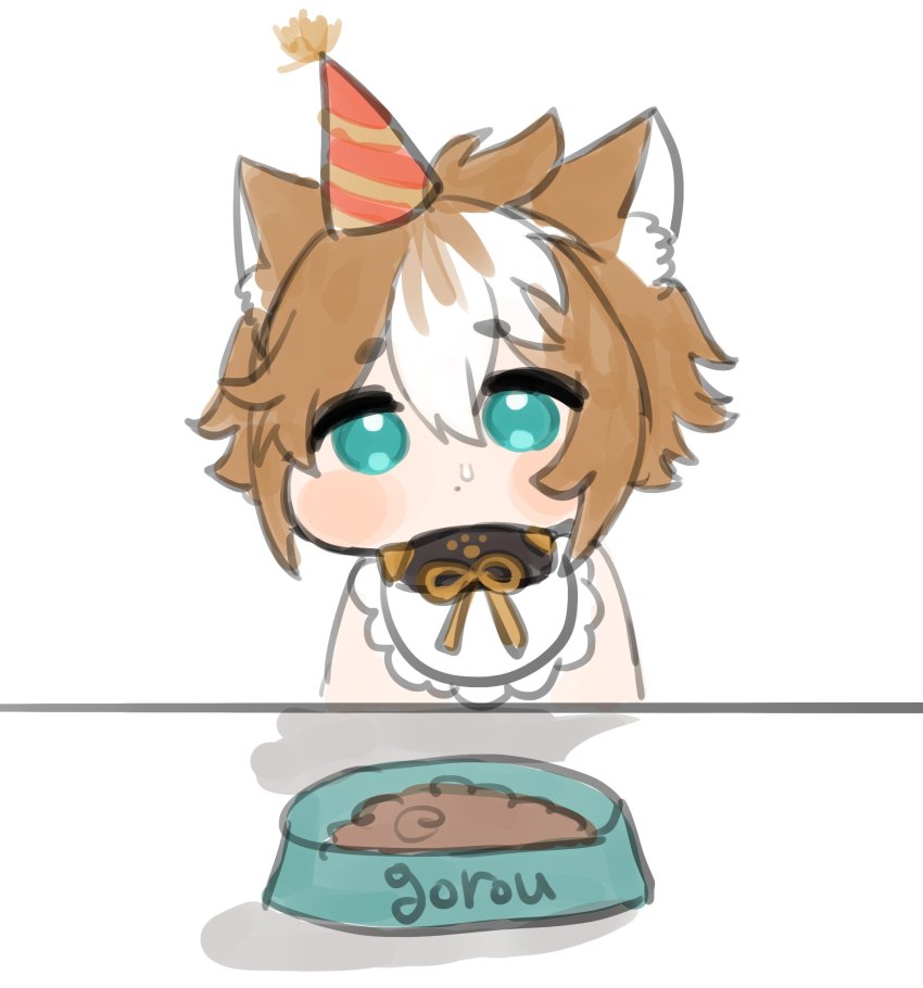 1boy absurdres animal_ear_fluff animal_ears badamon blue_eyes bub chibi dog_boy dog_ears genshin_impact gorou_(genshin_impact) hat highres looking_at_viewer male_focus multicolored_hair orange_hair party_hat streaked_hair white_background white_hair