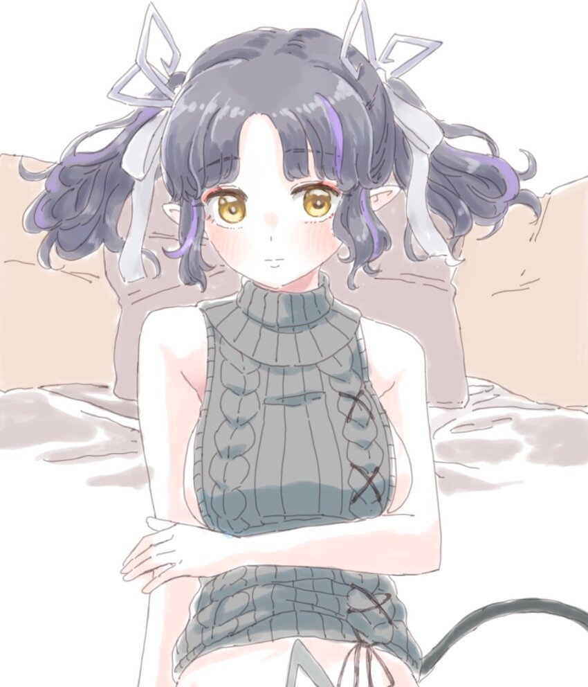 1girl arm_under_breasts black_hair blush breasts cable_knit closed_mouth clothes_lift demon_girl demon_horns demon_tail expressionless highres horns islandz kojo_anna kojo_anna_(3rd_costume) looking_at_viewer medium_breasts meme_attire multicolored_hair nanashi_inc. out-of-frame_censoring pillow pointy_ears purple_hair ribbed_sweater short_hair sideboob solo sweater sweater_lift tail turtleneck turtleneck_sweater two-tone_hair upper_body virgin_killer_sweater virtual_youtuber yellow_eyes