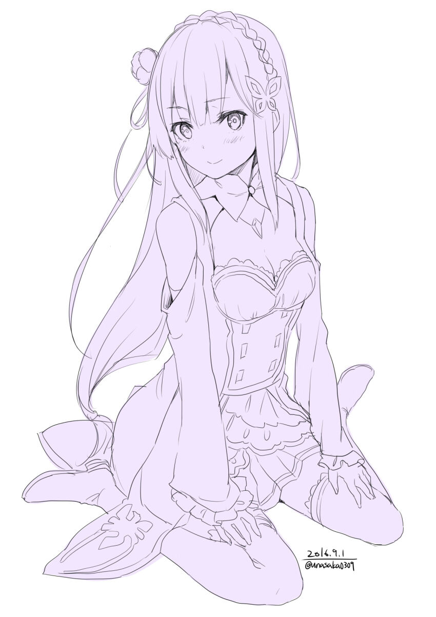 1girl bare_shoulders blunt_bangs boots braid breasts butterfly_hair_ornament chest_jewel cleavage cleavage_cutout closed_mouth clothing_cutout commentary_request crown_braid dated dot_nose dress emilia_(re:zero) eyelashes flower frilled_dress frilled_sleeves frilled_thigh_strap frills full_body hair_flower hair_ornament hands_on_own_thighs happy high_collar high_heel_boots high_heels highres light_blush long_hair long_sleeves miniskirt monochrome pleated_skirt purple_theme re:zero_kara_hajimeru_isekai_seikatsu short_dress shoulder_cutout sidelocks simple_background sitting skirt skirt_under_dress sleeves_past_wrists smile solo straight_hair thigh_strap tsurime twitter_username unasaka_ryou very_long_hair wariza white_background wrist_cuffs