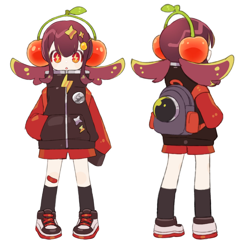 1girl backpack bag bandaid bandaid_on_knee bandaid_on_leg black_socks black_sweater brown_hair cherry commentary_request food from_behind fruit full_body hand_in_pocket headphones highres lightning_bolt-shaped_pupils long_sleeves looking_at_viewer low_twintails medium_hair multiple_views open_mouth original red_eyes red_shorts red_sleeves shoes shorts simple_background sleeves_past_fingers sleeves_past_wrists sneakers socks solo sorata123 standing sweater symbol-shaped_pupils twintails white_background white_shoes