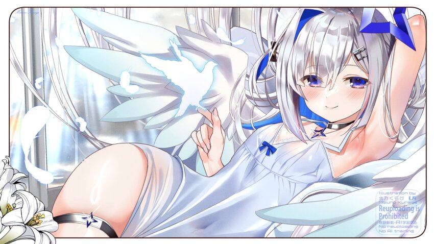 1girl amane_kanata arm_behind_head armpits bird blue_eyes blue_hair blue_halo blush dress feathers flat_chest grey_hair halo highres hololive mizuno_kurage multicolored_hair see-through_clothes see-through_dress solo two-tone_hair virtual_youtuber white_dress white_feathers