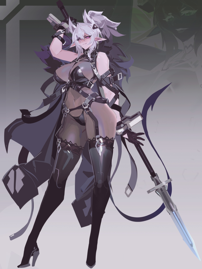 1girl absurdres bare_shoulders black_boots black_garter_straps black_gloves boots elf full_body garter_straps gloves high_heel_boots high_heels highres holding holding_behind_back holding_polearm holding_weapon holding_weapon_behind_back lace-trimmed_boots lace_trim long_hair looking_at_viewer original pointy_ears polearm smjim1986 solo thigh_boots weapon white_hair