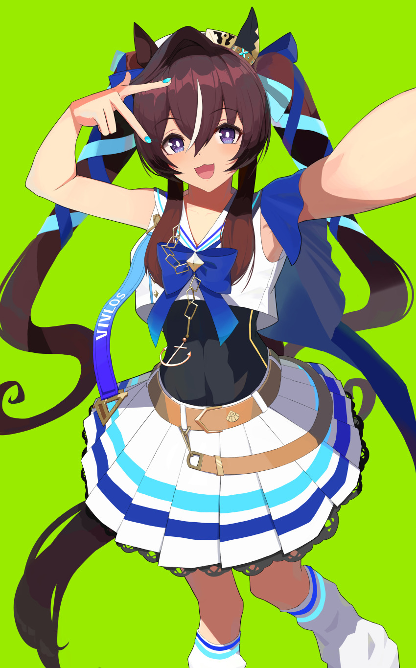 1girl :3 :d absurdres animal_ears blue_bow blue_bowtie blue_ribbon bow bowtie brown_hair character_name commentary crop_top ear_covers green_background hair_between_eyes hair_ribbon highres horse_ears horse_girl horse_tail long_hair looking_at_viewer loose_socks madori_(madori151) multicolored_hair open_mouth pleated_skirt purple_eyes ribbon selfie simple_background single_ear_cover skirt smile socks solo streaked_hair tail twintails umamusume v vivlos_(umamusume) white_skirt white_socks