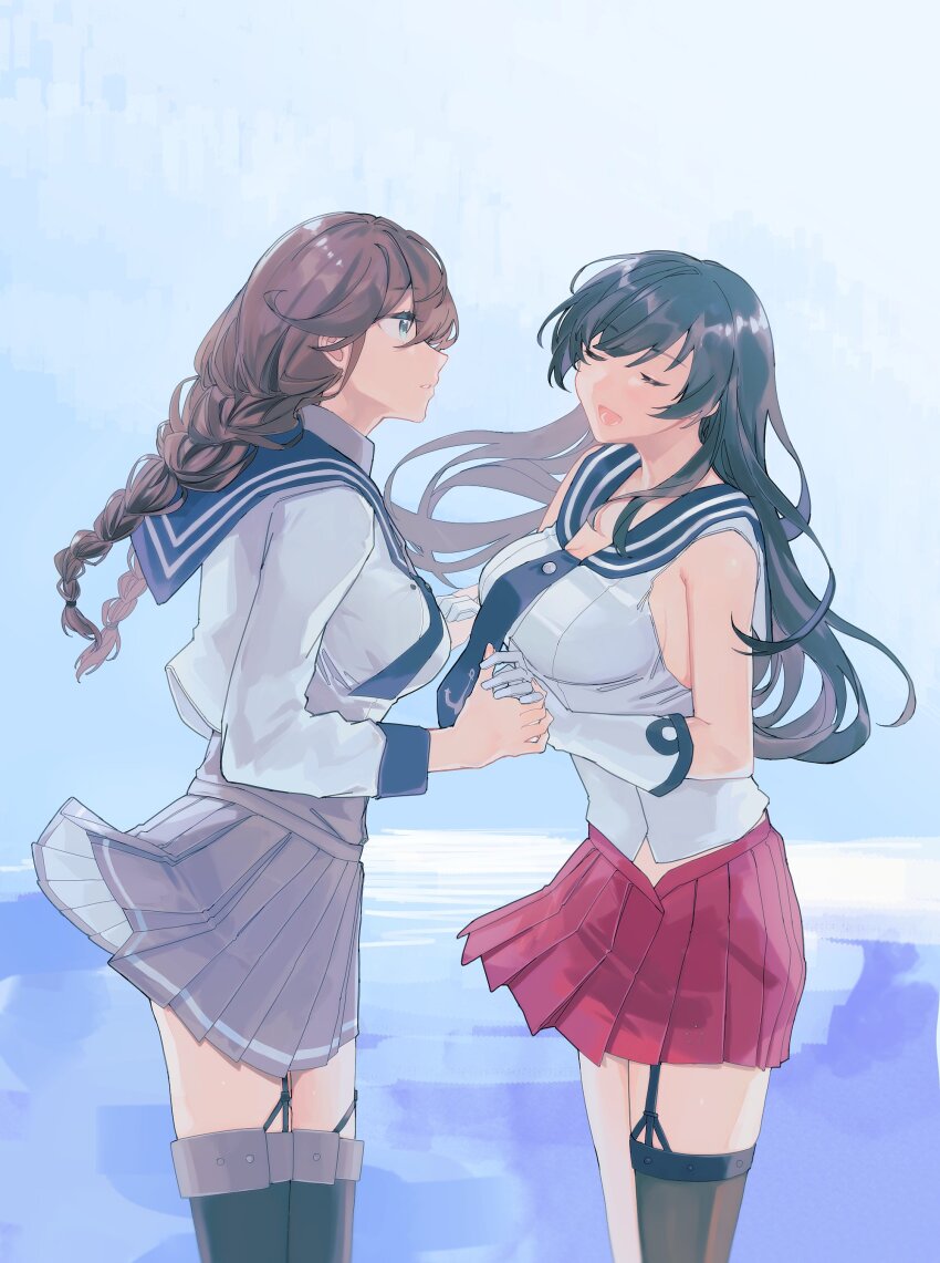 2girls absurdres agano_(kancolle) anchor_symbol black_hair black_sailor_collar black_thighhighs braid breasts brown_hair cleavage closed_eyes garter_straps gloves grey_skirt highres jacket kabe_(inunufuwafuwa) kantai_collection large_breasts long_hair long_sleeves multiple_girls noshiro_(kancolle) noshiro_kai_ni_(kancolle) open_mouth outdoors pleated_skirt red_skirt sailor_collar school_uniform serafuku single_garter_strap single_thighhigh skirt sleeveless thighhighs twin_braids white_gloves