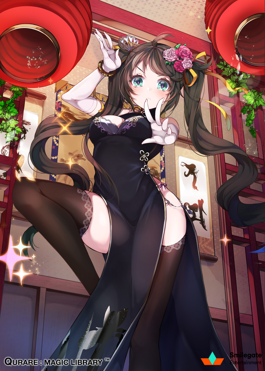 1girl ahoge bare_shoulders black_dress bracelet breast_press breasts brown_hair brown_thighhighs bug butterfly china_dress chinese_clothes chinese_lantern closed_mouth company_name copyright_name cowboy_shot dress elbow_gloves female_focus fingernails flower gloves hair_flower hair_ornament hair_ribbon hands_up heart heart-shaped_pupils highres indoors insect jewelry kanola_u leaf leg_up long_hair looking_at_viewer medium_breasts pelvic_curtain plant qurare_magic_library ribbon side_slit solo sparkle standing standing_on_one_leg strapless strapless_dress symbol-shaped_pupils symmetrical_docking tassel thighhighs turtleneck twintails very_long_hair white_gloves yellow_ribbon