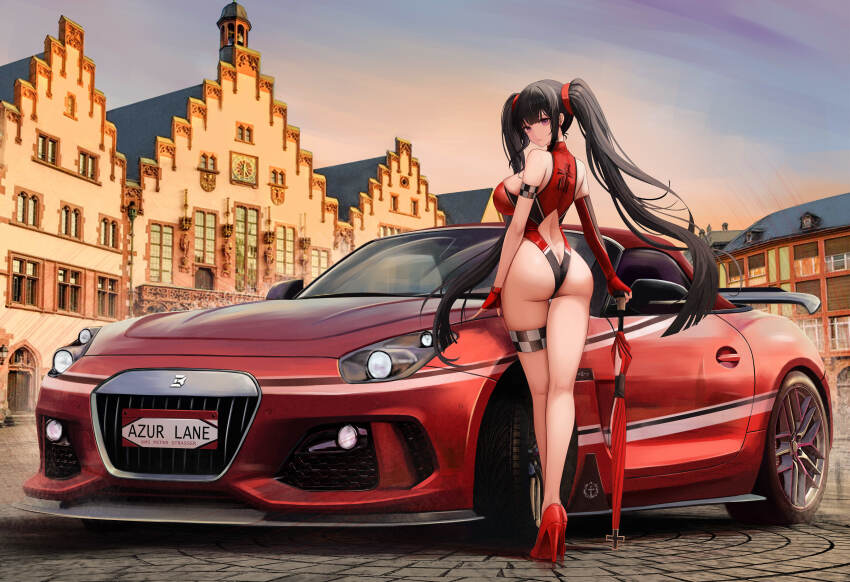 1girl absurdres alternate_costume armband ass azur_lane back_cutout bare_shoulders black_hair breasts brown_hair butt_crack car checkered_armband checkered_clothes clothing_cutout cross crossed_legs detached_sleeves fingerless_gloves from_behind gloves high_heels highres iron_blood_(emblem) iron_cross kcar66t leotard location_request long_hair long_legs looking_back motor_vehicle peter_strasser_(azur_lane) pink_eyes race_queen single_detached_sleeve solo sports_car thigh_strap thighs twintails umbrella vehicle_request watson_cross wide_shot