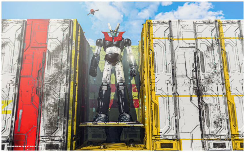 1970s_(style) 2022 absurdres aircraft baezastanicic cloud commentary damaged dated dirty english_commentary flying hangar highres machinery mazinger_(series) mazinger_z mazinger_z_(mecha) mecha oldschool original pilder realistic redesign retro_artstyle robot science_fiction signature super_robot vtol yellow_eyes zbrush_(medium)