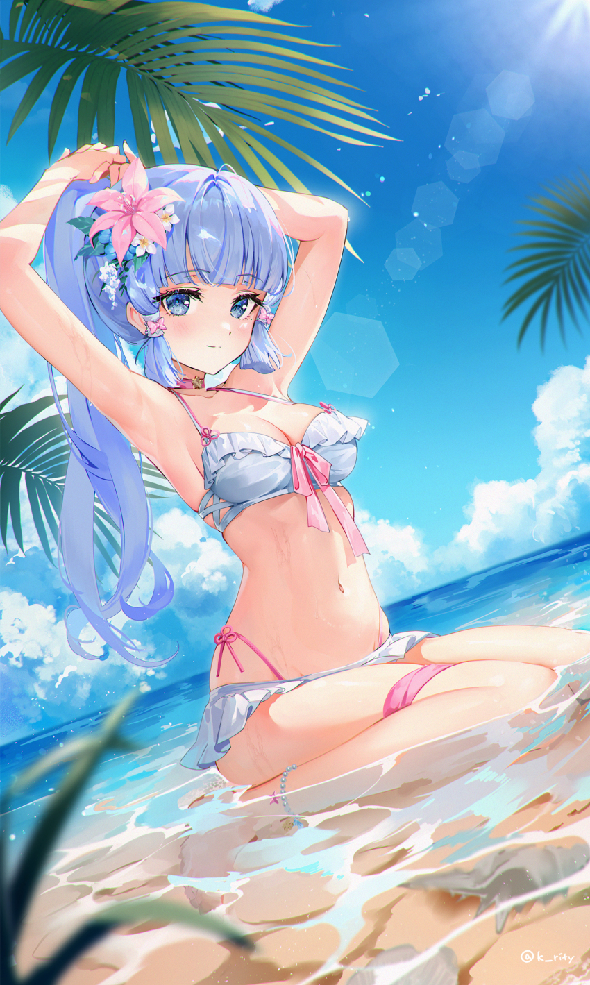 1girl absurdres alternate_costume arms_up ayaka_(genshin_impact) bikini blue_eyes blue_hair blue_sky blunt_bangs blunt_tresses cloud commentary_request dutch_angle flower full_body genshin_impact hair_flower hair_ornament highres light_blue_hair long_hair looking_at_viewer outdoors palm_leaf pearl_anklet pink_flower pink_ribbon ponytail ribbon rity seiza sitting sky smile solo swimsuit thigh_strap twitter_username water white_bikini white_flower