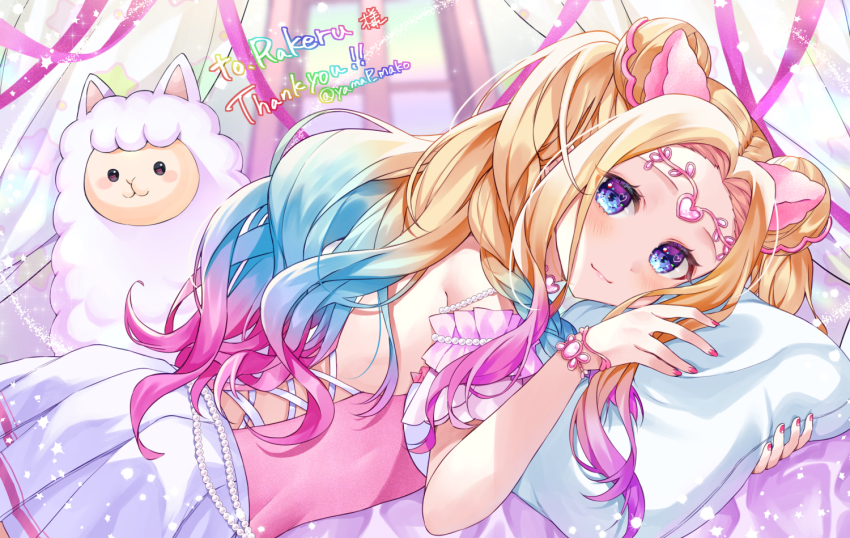 1girl alpaca alpaca_ears animal_ears bare_shoulders blonde_hair blue_eyes blue_hair blush closed_mouth commissioner_name double_bun gradient_hair hair_bun indie_virtual_youtuber indoors long_hair looking_at_viewer lying multicolored_hair nail_polish on_stomach parted_bangs pillow pink_nails pleated_skirt purple_hair purple_ribbon rakeru_(vtuber) ribbon skirt smile solo thank_you twitter_username virtual_youtuber white_skirt window yam_(yamap_mako)