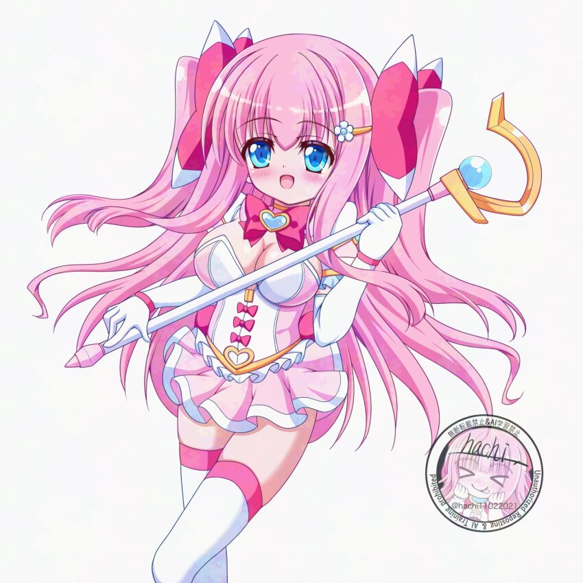 1girl :d blue_eyes blush bow breasts brooch cowboy_shot dot_nose elbow_gloves gloves hachi_(hachi11022021) hair_bow hair_ornament hairclip heart heart_brooch highres holding holding_wand jewelry large_breasts legs_together long_hair looking_at_viewer magical_girl miniskirt open_mouth oppai_loli original pink_bow pink_hair pink_skirt pleated_skirt shiny_skin signature simple_background skirt smile solo standing thighhighs two_side_up wand watermark white_background white_gloves white_thighhighs zettai_ryouiki