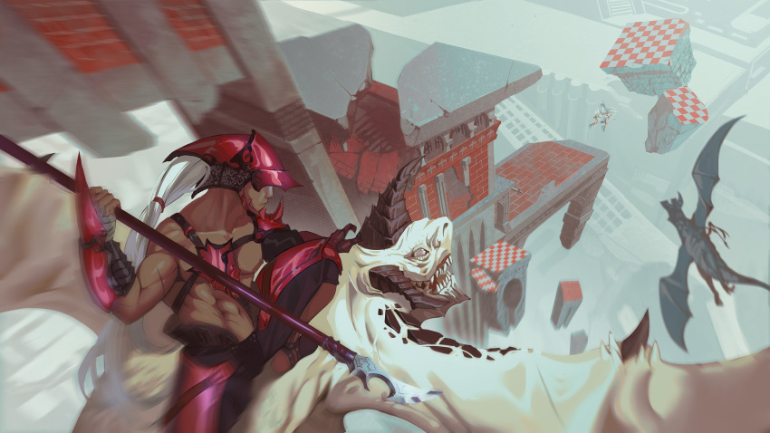 1boy 2girls arm_guards armor bad_id bad_pixiv_id black_pants building chasing checkered_floor covered_eyes dark-skinned_male dark_skin day dragon fantasy floating_island flying frown hair_ribbon hand_up helmet highres holding holding_weapon lance long_hair motion_blur multiple_girls muscular original outdoors pants pauldrons polearm profile red_headwear ribbon riding shoulder_armor solo_focus spikes squatting topless_male tress_ribbon very_long_hair wangxiii weapon white_hair