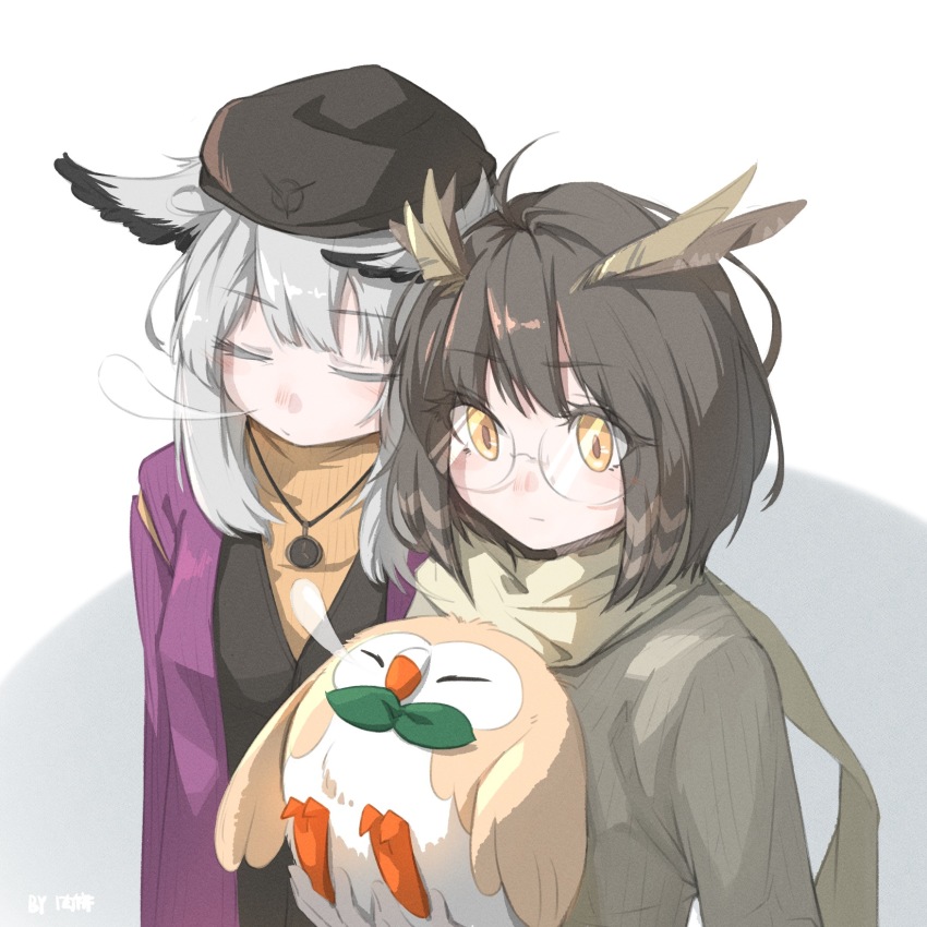 2girls ahoge animal arknights beret bird black_headwear black_vest brown_hair brown_scarf brown_sweater glasses grey_hair hat highres holding holding_animal holding_bird jacket jewelry long_sleeves multiple_girls necklace nose_bubble official_alternate_costume open_clothes open_jacket orange_sweater owl_ears ptilopsis_(arknights) ptilopsis_(serenity)_(arknights) purple_jacket ribbed_sweater robinlovesop scarf short_hair silence_(arknights) simple_background sleeping sleeping_upright sweater upper_body vest white_background yellow_eyes