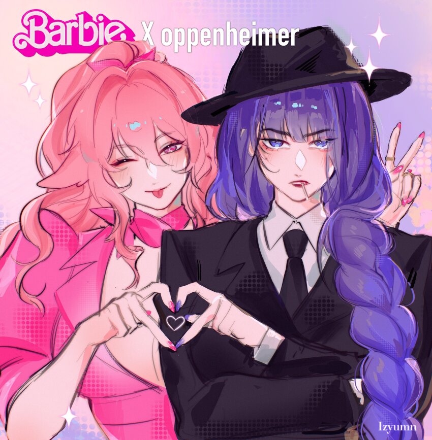 2girls absurdres animal_ears barbie_(character) barbie_(character)_(cosplay) barbie_(franchise) barbie_(live_action) black_jacket black_necktie braid breasts cleavage commentary cosplay crossover dress english_commentary fedora finger_heart fox_ears genshin_impact hair_between_eyes hat highres izyumn jacket julius_robert_oppenheimer julius_robert_oppenheimer_(cosplay) long_hair long_sleeves looking_at_viewer multiple_girls necktie oppenheimer_(movie) pink_dress pink_hair pink_nails pink_scarf purple_eyes purple_hair purple_nails raiden_shogun scarf yae_miko yuri