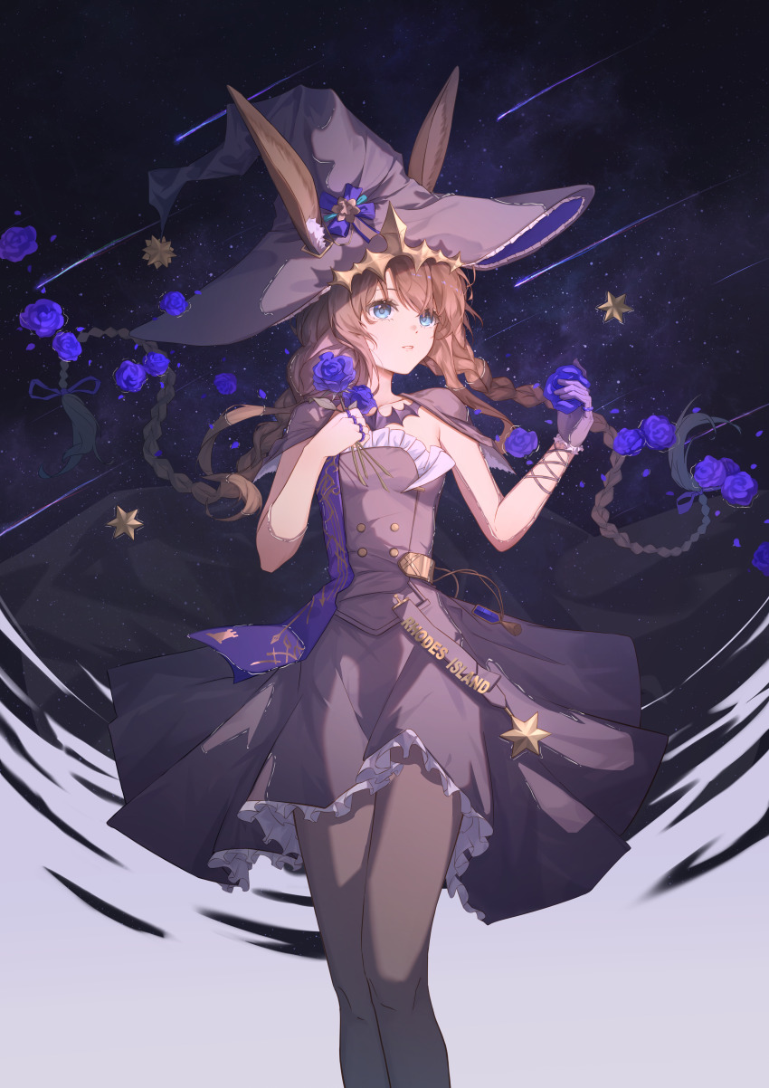 1girl absurdres ambience_synesthesia amiya_(arknights) amiya_(medic)_(arknights) amiya_(medic)_(solo_around_the_world)_(arknights) arknights black_dress black_hat black_pantyhose blue_eyes braid brown_hair chinese_commentary clothes_writing commentary_request cowboy_shot dress ears_through_headwear floating_hair flower frills gloves hat highres jewelry long_hair looking_to_the_side official_alternate_costume pantyhose parted_lips purple_flower purple_gloves purple_rose ring rose single_glove solo standing turning_head witch_hat xiamianhaiya