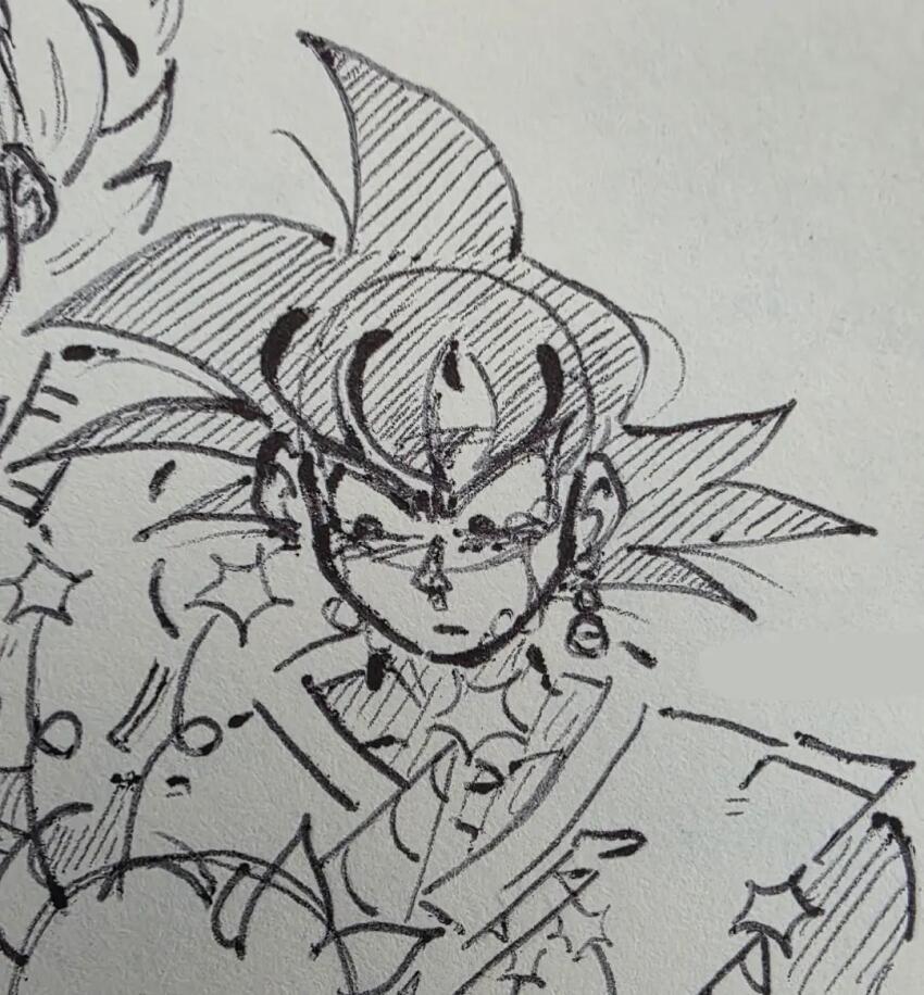 1boy black_bodysuit black_eyes black_hair bodysuit cashmro dougi dragon_ball dragon_ball_super earrings expressionless goku_black greyscale jewelry looking_down monochrome potara_earrings saiyan solo spiked_hair traditional_media