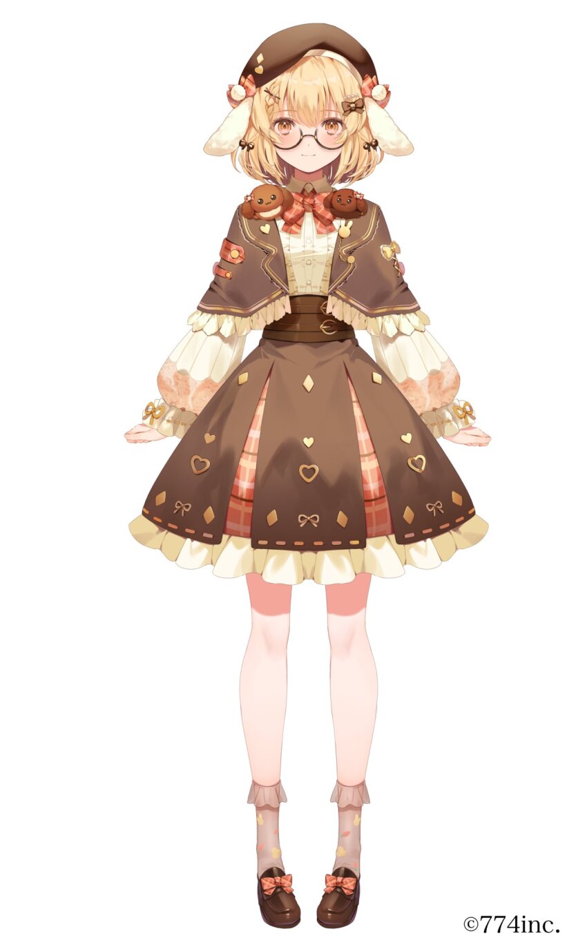 1girl animal_ears blonde_hair blush bow bowtie braid brown_bow brown_capelet brown_corset brown_hat brown_shoes capelet capybara_girl copyright_notice corset dog_ears dress floppy_ears frilled_dress frills full_body hair_bow hair_ornament hat highres inaba_haneru_(animare) kanda_done loafers long_sleeves looking_at_viewer nanashi_inc. orange_eyes puffy_long_sleeves puffy_sleeves round_eyewear shoes simple_background smile socks solo standing tachi-e virtual_youtuber white_background