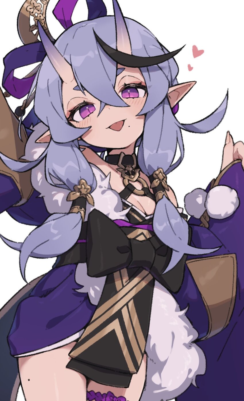1girl :p black_bow bow breasts cleavage commentary_request highres hikimayu horns huge_bow japanese_clothes kimono long_hair looking_at_viewer mole mole_under_mouth nijisanji okobo platform_sandals purple_eyes purple_hair purple_kimono rindou_mikoto rindou_mikoto_(1st_costume) sandals short_kimono simple_background skin-covered_horns smile tongue tongue_out virtual_youtuber white_background wide_sleeves zizi_niisan