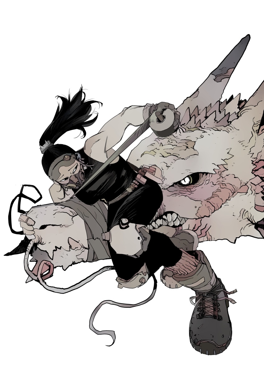 1girl absurdres black_eyes black_hair black_shirt boots breasts dragon duct_tape highres knee_pads manabu_yashiro mask medium_breasts original ponytail sharp_teeth shirt sleeveless sleeveless_shirt tape teeth toned toned_female whiskers