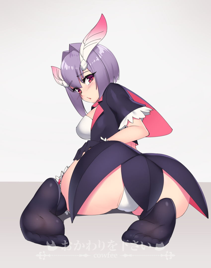 1girl antennae arthropod_girl artist_logo artist_name ass black_gloves black_legwear blush breasts commentary cowfee english_commentary from_behind full_body gloves grey_background hair_between_eyes hand_on_own_ass highres insect_girl logo looking_at_viewer looking_back mayu_(cowfee) medium_breasts moth_girl original panties purple_hair red_eyes short_hair simple_background solo uncensored underwear white_panties