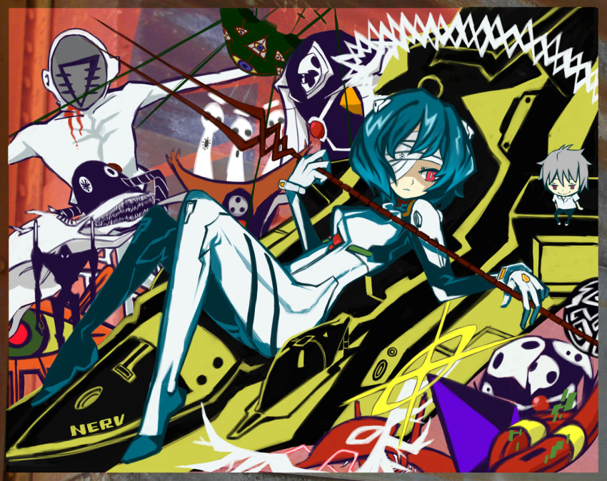 1girl arael armisael_(evangelion) ayanami_rei bandage_over_one_eye bandages bident blue_hair chibi collage eva_01 expressionless full_body gaghiel_(evangelion) israfel_(evangelion) knees_up lance_of_longinus_(evangelion) leliel_(evangelion) light_smile lilith_(evangelion) looking_away looking_to_the_side lying mecha mecha_pilot_suit nagisa_kaworu neon_genesis_evangelion on_back one_eye_covered plugsuit_(evangelion) polearm ramiel_(evangelion) reclining red_eyes robot sachiel_(evangelion) sahaquiel_(evangelion) short_hair skin_tight smile spread_legs weapon zeruel_(evangelion)