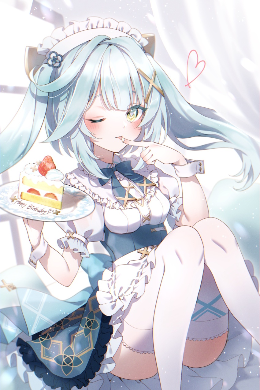 1girl apron aqua_hair aqua_skirt cake closed_mouth faruzan_(genshin_cafe_in_seoul)_(genshin_impact) faruzan_(genshin_impact) finger_to_tongue food genshin_impact green_eyes hair_ornament happy_birthday highres holding holding_plate kise_inaka legs_up long_hair looking_at_viewer maid maid_apron maid_headdress official_alternate_costume one_eye_closed plate shirt short_sleeves sitting skirt solo thighhighs tongue tongue_out twintails white_apron white_shirt white_thighhighs x_hair_ornament