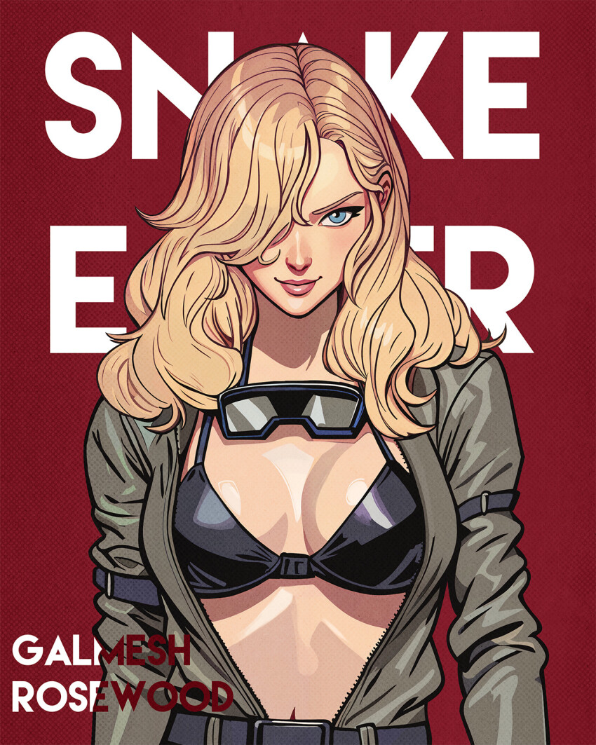 1girl artist_name belt black_bra blonde_hair blue_eyes bra breasts breasts_apart commentary copyright_name english_commentary english_text eva_(metal_gear) galmesh_rosewood goggles goggles_around_neck hair_over_one_eye highres large_breasts long_hair metal_gear_(series) metal_gear_solid_3:_snake_eater navel open_jumpsuit red_background simple_background solo underwear
