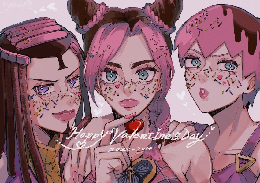&gt;:) 3girls :o bare_shoulders black_hair braid braided_ponytail cherry chocolate closed_mouth double_bun dreadlocks ermes_costello facial_mark foo_fighters_(jojo) food food_on_face fruit green_eyes hair_bun hair_ornament highres holding holding_food jojo_no_kimyou_na_bouken kuujou_jolyne looking_at_viewer medium_hair multicolored_hair multiple_girls nail_polish natchan_blue_(nanairopenki) open_mouth overalls pink_hair pink_lips purple_hair short_hair smile sprinkles stone_ocean tank_top turtleneck two-tone_hair v-shaped_eyebrows valentine