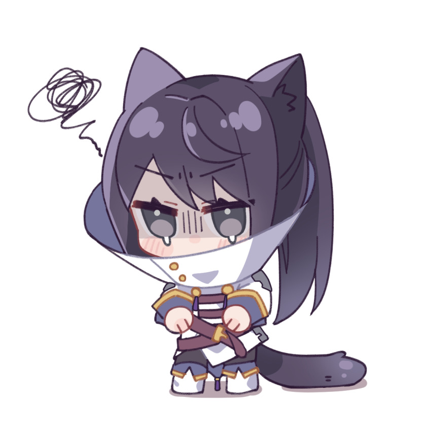 1boy animal_ears belt black_eyes black_hair black_pants blush_stickers cat_boy cat_ears cat_tail chibi chibi_only highres jacket kemonomimi_mode long_hair long_sleeves male_focus pants pet_cone ponytail red_belt riko_shinkai shoes simple_background sleeve_cuffs solo squiggle tail tales_of_(series) tales_of_vesperia teardrop v-shaped_eyebrows white_background white_jacket white_shoes yuri_lowell