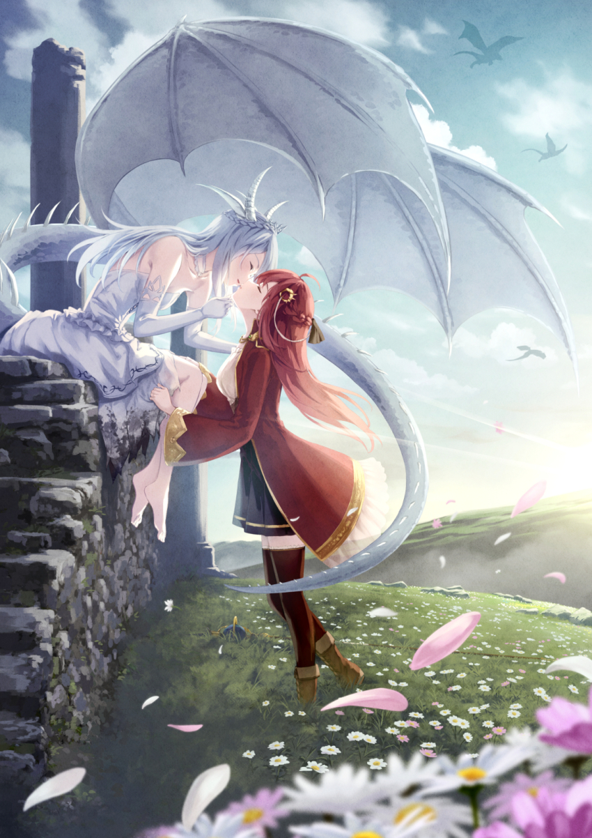 2girls bare_legs barefoot black_skirt black_thighhighs blurry blurry_foreground boots breasts cape chinese_zodiac closed_eyes cloud daisy day dragon dragon_girl dragon_horns dragon_tail dragon_wings dress falling_petals field flower flower_field grabbing_another&#039;s_chin grass grey_dress grey_hair hand_on_another&#039;s_chin highres hill horns imminent_kiss long_hair medium_breasts multiple_girls nuenue original outdoors petals pillar purple_flower red_cape red_hair sitting skirt sky staff stone_wall sun sunlight tail thighhighs wall white_flower wings year_of_the_dragon yuri
