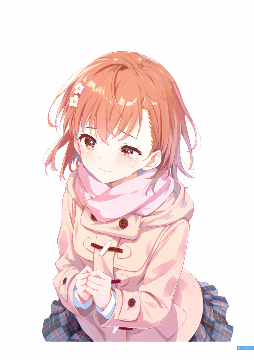1girl adapted_costume asymmetrical_bangs brown_eyes brown_hair brown_jacket coat commentary_request crying crying_with_eyes_open duffel_coat eritri grey_skirt hair_behind_ear hair_ornament hairpin highres jacket long_sleeves looking_ahead medium_hair miniskirt misaka_mikoto pink_scarf plaid_clothes plaid_skirt revision scarf school_uniform simple_background skirt solo tears toaru_majutsu_no_index toaru_majutsu_no_index:_genesis_testament tokiwadai_school_uniform winter_uniform