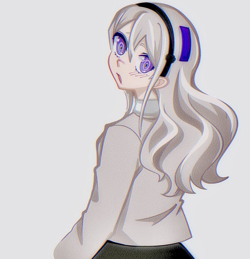 1girl black_hairband black_headband blush female_focus hairband headband highres kashimiya_karua long_sleeves looking_at_viewer open_mouth shirt simple_background solo solo_focus the_hundred_line_-last_defense_academy- turning_around turning_head upper_body white_background white_hair white_shirt