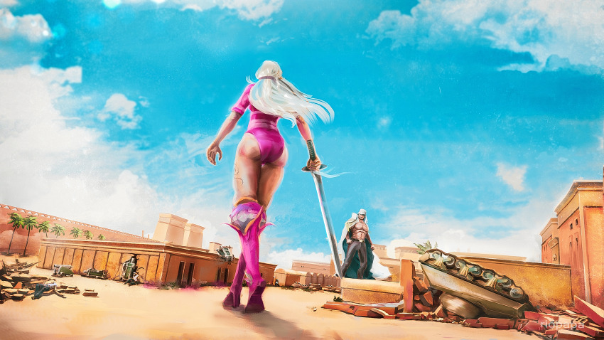 1boy 1girl artist_name ass battle blue_sky cannon charlotte_smoothie cloud commentary destroyed destruction english_commentary fighting flower_tattoo giant giantess hair_flowing_over highres holding holding_sword holding_weapon leg_tattoo leotard long_hair looking_at_another marine_(one_piece) military_uniform military_vehicle motor_vehicle naval_jacket naval_uniform one_piece pink_leotard riopapa scenery sky sword tank tattoo weapon white_hair wreckage
