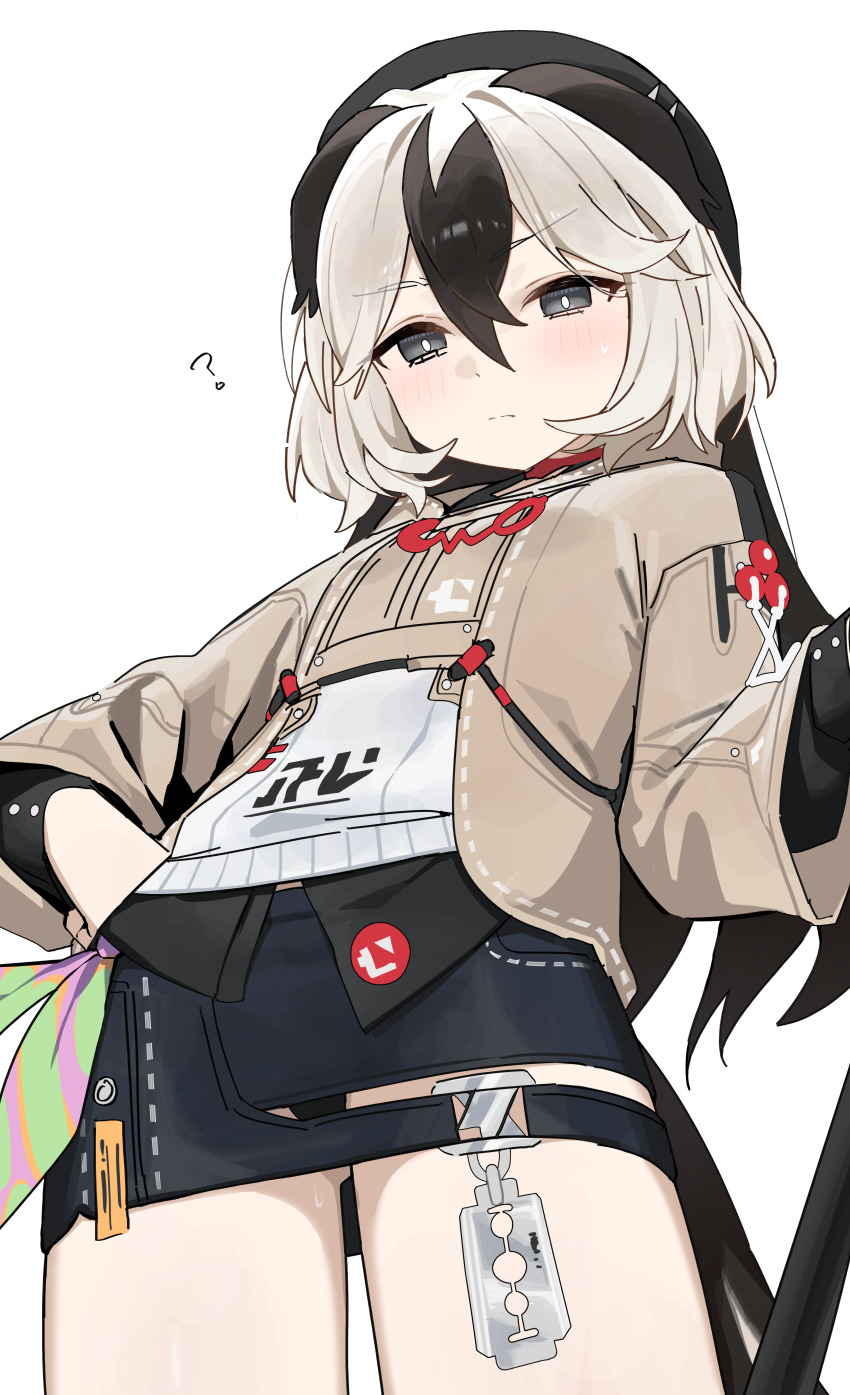 1girl ? absurdres beret black_eyes black_hair black_hat bright_pupils brown_jacket closed_mouth coralie_6626_planck coralie_6626_planck_(valkyrie_blastmetal) hair_between_eyes hat highres honkai_(series) honkai_impact_3rd jacket long_hair looking_at_viewer multicolored_hair razor safety_razor skirt solo syhan thighs two-tone_hair white_hair white_pupils