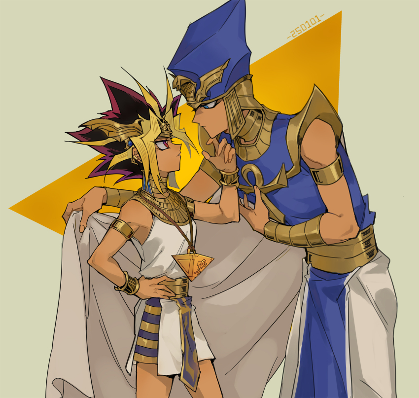 2boys absurdres ancient_egyptian ancient_egyptian_clothes ankh anklet atem blonde_hair blue_hat blue_robe dark-skinned_male dark_skin colored_bangs eye_of_horus gold_anklet gold_armlet hat highres jewelry jingshen_fensui looking_at_another male_focus millennium_puzzle multicolored_hair multiple_boys pharaoh priest_seto robe saka_nagiya simple_background spiked_hair triangle_background two-tone_background white_robe yu-gi-oh! yu-gi-oh!_duel_monsters