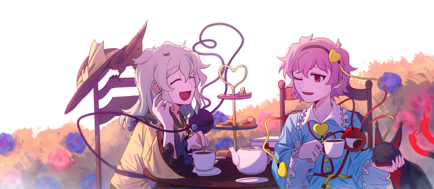 2girls :d ;d ^_^ bird black_bird black_cat black_hairband black_hat blue_flower blue_rose blue_shirt bush buttons cake cat closed_eyes collared_shirt cup diamond_button flower food frilled_shirt_collar frilled_sleeves frills grey_hair hair_between_eyes hair_ornament hairband hat heart heart_button heart_hair_ornament heart_of_string highres holding holding_cup kaenbyou_rin kaenbyou_rin_(cat) komeiji_koishi komeiji_satori long_hair long_sleeves multiple_girls one_eye_closed open_mouth outdoors pink_hair red_eyes red_flower red_rose reiuji_utsuho reiuji_utsuho_(bird) ribbon-trimmed_collar ribbon_trim rose sailor_collar shirt short_hair siblings sisters sitting smile starjinxin stirring teacup teapot tiered_tray touhou unworn_hat unworn_headwear upper_body wide_sleeves yellow_shirt