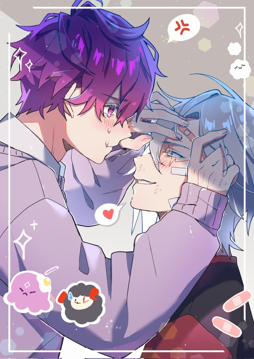 2boys anger_vein bandaid bandaid_on_face bandaid_on_forehead blush border chibi chibi_inset chinese_commentary closed_mouth collared_shirt commentary_request crying crying_with_eyes_open facial_mark fulgur_ovid gauze gauze_on_cheek grey_eyes heart highres long_sleeves male_focus multicolored_shirt multiple_boys nijisanji nijisanji_en profile purple_eyes purple_hair purple_sweater shirt short_hair sleeves_past_wrists smile sparkle speech_bubble spoken_anger_vein spoken_heart sweater tang0410 tears teeth uki_violeta upper_body white_shirt wing_collar yaoi