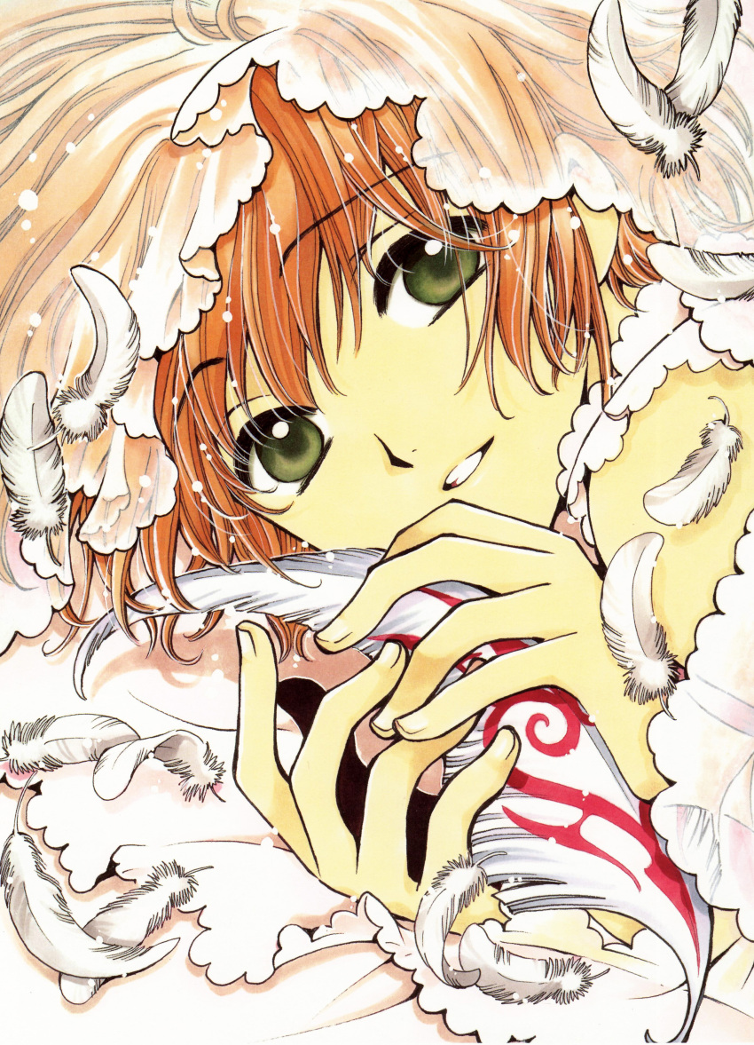 1girl absurdres androgynous artbook artist_request clamp_(circle) falling_feathers feathers from_side green_eyes grin hair_spread_out hands_up happy highres holding holding_feather light_particles light_smile looking_at_viewer looking_to_the_side official_art orange_hair parted_lips portrait sakura_hime scan see-through_clothes see-through_veil single_bare_shoulder smile solo swept_bangs third-party_source traditional_media tsubasa_chronicle two-handed veil white_feathers white_veil