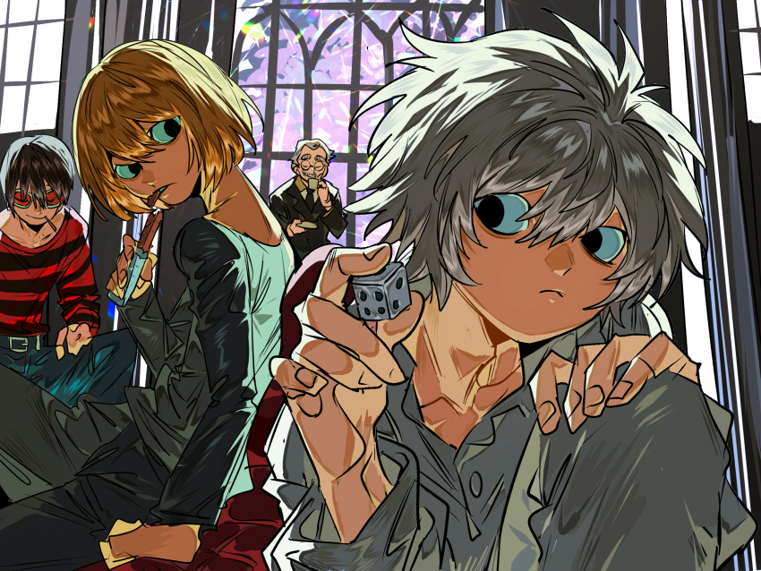 4boys black_eyes black_hair black_pants black_shirt blonde_hair chocolate cup death_note dice drinking eating empty_eyes food glasses grey_hair grey_pants grey_shirt highres holding holding_chocolate holding_cup holding_dice holding_food indoors male_focus matt_(eddsworld) mello_(death_note) multiple_boys near_(death_note) old old_man pants red_shirt shirt short_hair striped_clothes striped_shirt watari_(death_note) window xi_luo_an_ya