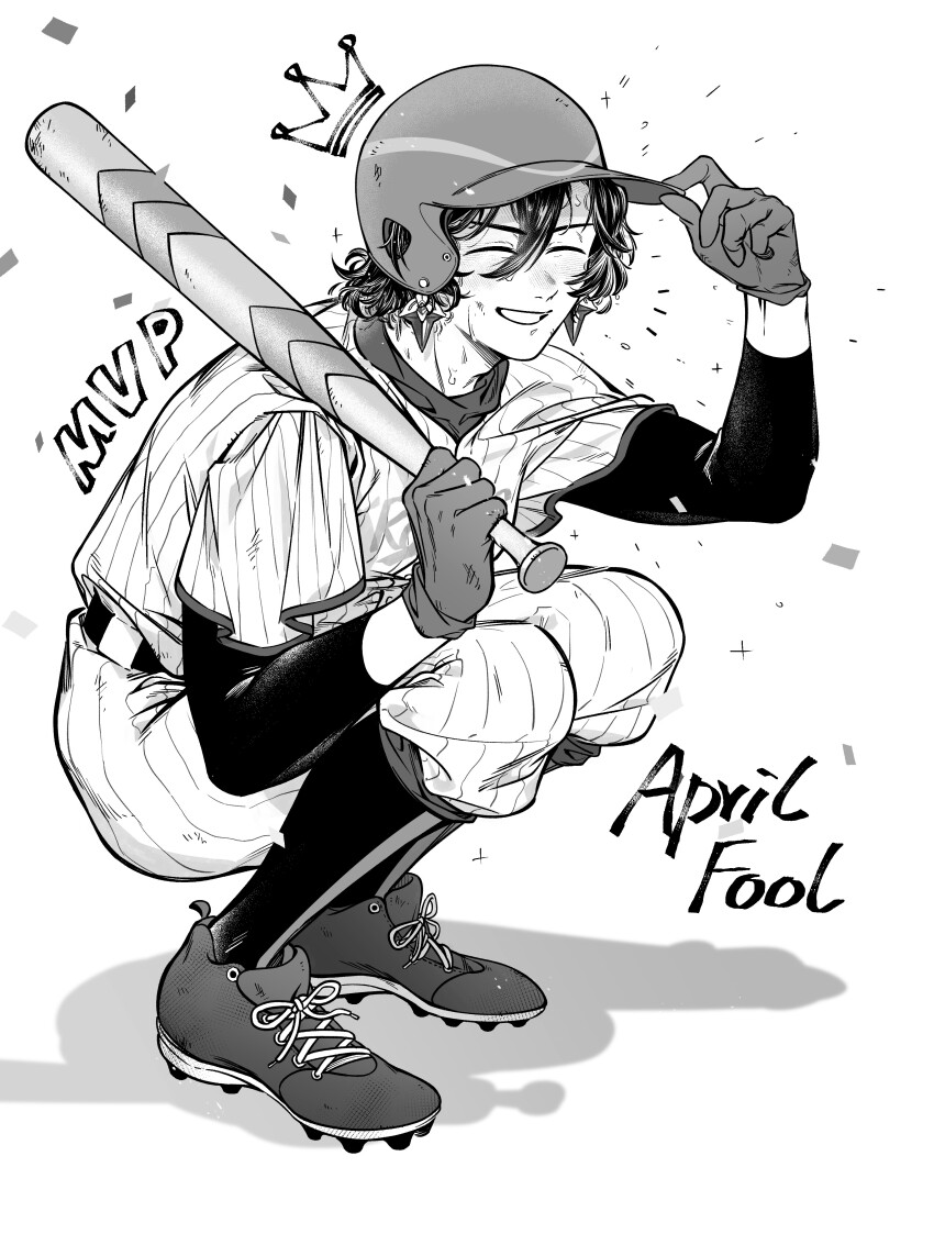 1boy absurdres adam&#039;s_apple adjusting_clothes adjusting_headwear april_fools baseball_bat baseball_helmet baseball_uniform cleats constantine_xi_(fate) drawn_crown earrings facing_viewer fate/grail_league fate/grand_order fate_(series) full_body gloves greyscale hair_between_eyes hair_ornament heart heart_hair_ornament helmet highres holding holding_baseball_bat jewelry male_focus monochrome mvp shooou_0104 short_hair solo sportswear squatting