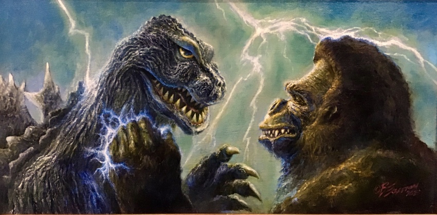 ape artist_name blue_electricity bob_eggleton claws crossover dinosaur electricity energy energy_fist giant giant_monster glowing glowing_hand godzilla godzilla_(series) gorilla highres kaiju king_kong king_kong_(series) king_kong_vs._godzilla lightning monster no_humans open_mouth sharp_teeth signature teeth toho tongue white_electricity yellow_eyes