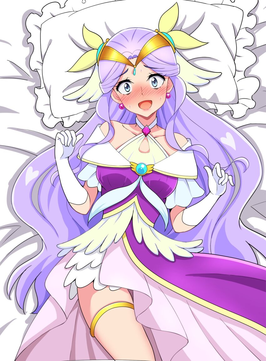 1girl bed bed_sheet blush breasts cure_earth dress earrings elbow_gloves embarrassed fuurin_asumi gloves hair_ornament healin&#039;_good_precure heart heart_hair_ornament highres imminent_penetration jewelry kaatsu_katsurou long_hair looking_at_viewer lying magical_girl medium_breasts on_bed open_mouth pillow pom_pom_(clothes) pom_pom_earrings precure purple_dress purple_hair solo sweatdrop thighlet tiara very_long_hair white_gloves