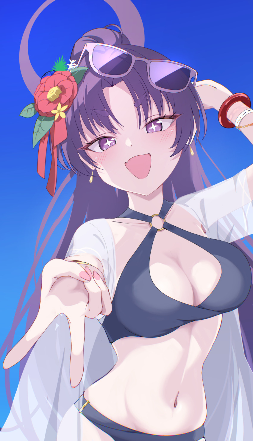 1girl absurdres arm_behind_head bikini black_bikini blue_archive blush breasts cleavage eyewear_on_head fang flower gyaru_v hair_flower hair_ornament hello-ghiblisan highres large_breasts larhart long_hair looking_at_viewer navel official_alternate_costume official_alternate_hairstyle open_mouth parted_bangs ponytail purple_eyes purple_hair red_flower see-through_clothes see-through_shirt shirt skin_fang solo stomach sunglasses swimsuit v yukari_(blue_archive) yukari_(swimsuit)_(blue_archive)