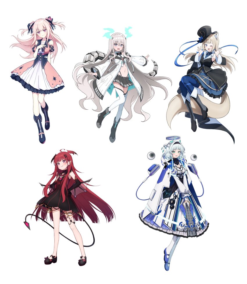 5girls absurdres ahoge angel animal_ears araka_luto black_dress blonde_hair blue_eyes circuit_board_print comiket_102 demon_girl demon_tail dragon_girl dress fox_ears fox_girl fox_tail grey_hair halo hat head_wings headset highres holographic_horns hoshifuri_iku ibuki_meno kamishiro_rita long_hair makicha_(sasurainopink) mechanical_halo mechanical_tail midriff multiple_girls navel pink_dress pink_hair plaid_clothes plaid_skirt prism_project purple_eyes red_eyes red_hair ribbon short_hair skirt tail thighhighs thong tokimori_aoi two_side_up virtual_youtuber white_dress white_hair wings