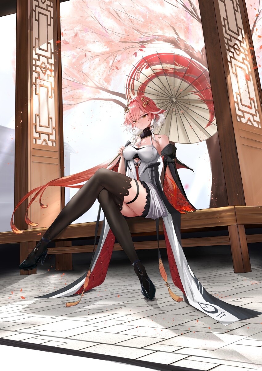 1girl absurdres architecture bare_shoulders black_gloves black_thighhighs breasts changli_(wuthering_waves) cherry_blossoms china_dress chinese_clothes cleavage closed_mouth crossed_legs dress east_asian_architecture flower full_body gloves hair_flower hair_ornament high_heels highres holding holding_umbrella large_breasts long_hair looking_at_viewer oil-paper_umbrella one_eye_closed petals pink_hair red_hair sitting smile solo thigh_strap thighhighs tree umbrella very_long_hair white_dress wuthering_waves ye29(kurobbs) yellow_eyes