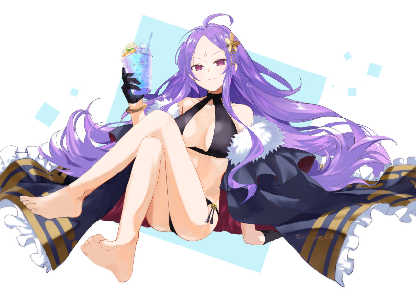 1girl absurdres ahoge bare_shoulders bikini black_bikini black_cape black_gloves breasts cape cleavage collarbone cup facial_mark fate/grand_order fate_(series) feet flower forehead forehead_mark fur-trimmed_cape fur_trim gloves hair_flower hair_ornament half_gloves highres large_breasts legs long_hair looking_at_viewer minoe08 navel parted_bangs ponytail purple_eyes purple_hair sidelocks smile solo swimsuit very_long_hair wu_zetian_(fate) wu_zetian_(swimsuit_caster)_(fate) wu_zetian_(swimsuit_caster)_(third_ascension)_(fate)