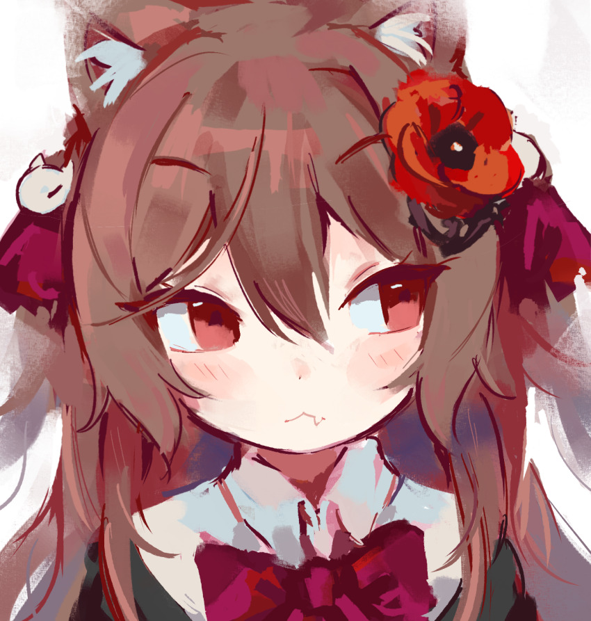 1girl :&lt; animal_ear_fluff animal_ears blush bow bowtie broken_heart_hair_ornament brown_hair cat_ears collared_shirt commentary dot_nose double-parted_bangs english_commentary evil_neuro-sama fang flower hair_flower hair_ornament hair_ribbon hairclip highres long_hair looking_at_another neuro-sama off_shoulder pasharuu poppy_(flower) portrait red_bow red_bowtie red_eyes red_flower red_ribbon ribbon shirt skin_fang skull_hair_ornament solo straight-on torn_hair_ribbon torn_ribbon vedal_ai virtual_youtuber white_background white_shirt