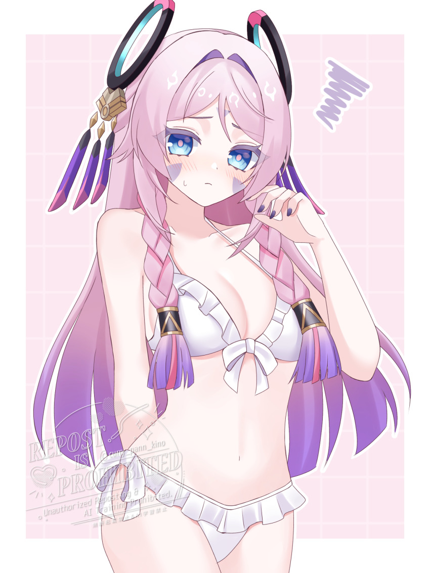 1girl arm_behind_back bikini blue_eyes blush breasts citlali_(genshin_impact) cleavage collarbone commentary_request frilled_bikini frills front-tie_bikini_top front-tie_top genshin_impact gradient_hair hair_intakes hand_up highres kino_(curry_pan) long_hair looking_at_viewer medium_breasts multicolored_hair navel pink_hair pink_pupils purple_hair purple_nails revision shy side-tie_bikini_bottom solo stomach swimsuit white_bikini